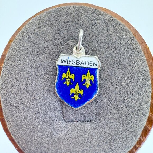 VTG 800 Silver Wiesbaden Blue White Yellow Enamel Shield Charm Size 0.75" Length - Picture 1 of 7